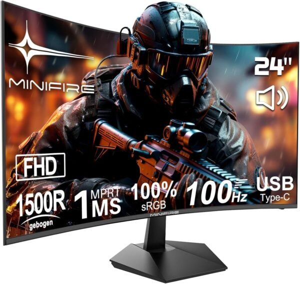 Minifire écran pc Gamer incurvé 24 Pouces 100Hz avec Haut-Parleur -1500R FHD (1920 x 1080p) VA Panel, MPRT 1ms, sRGB100%, Less Blue Light, HDMI 1.4, Type-C 2.5W, supporte VESA 75 * 75 - Noir（MF24C1）