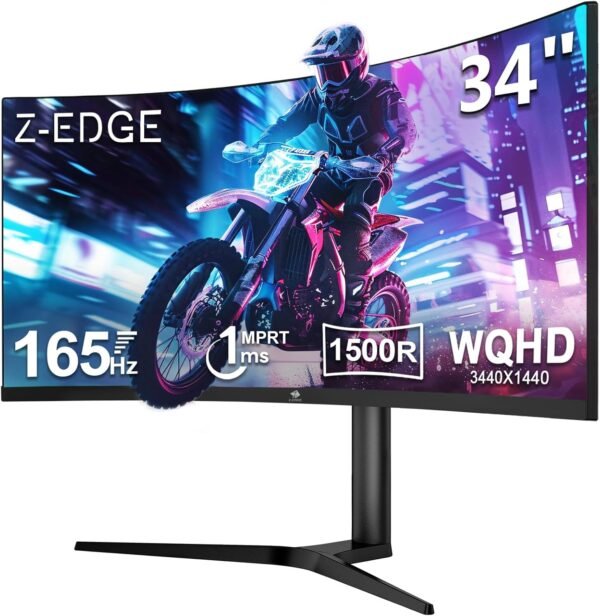Z-Edge Écran PC Gamer Incurvé 34'', 3440x1440, 165Hz, 1ms, Hauteur & Inclination Réglable, Moniteur Ultrawide 21:9 avec DP Câble, FreeSync, 1500R VA, 2*HDMI2.0& 2*DP1.4, RGB, VESA 100 * 100mm
