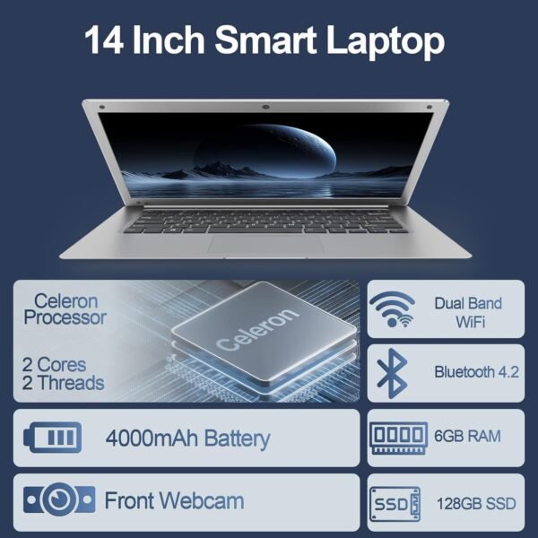 Ordinateur Portable 14 Pouces 6 Go RAM, 128 Go SSD Celeron Processeur Dual Core Portable PC 1366*768 IPS Laptop PC Sans Fil WiFi& Bluetooth 4.2 HDMI*1 USB3.0*2 4000mAh Batterie Inclus Membrane Clavier – Image 2