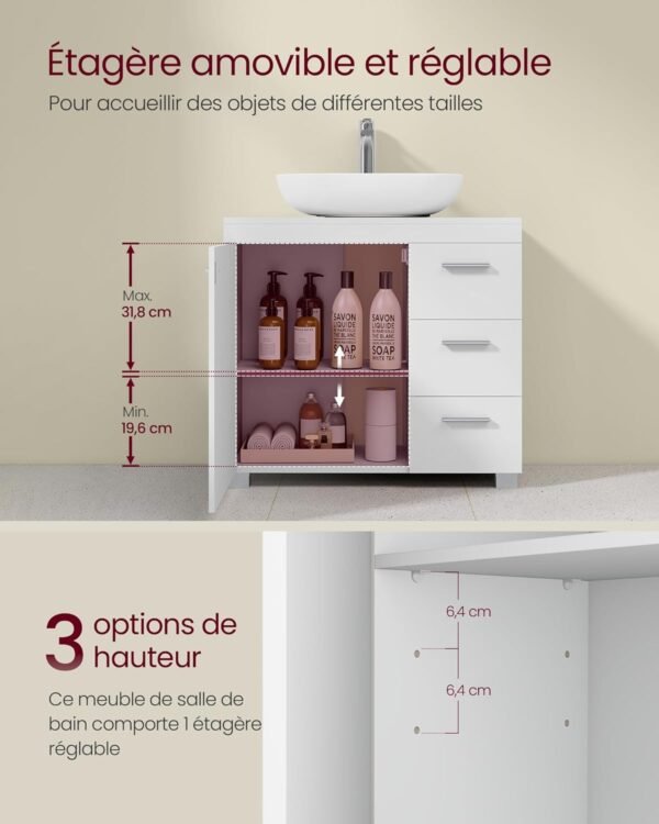 VASAGLE Meuble sous Lavabo, Meuble de Salle de Bain, 3 Tiroirs Latéraux, 2 Compartiments Derrière la Porte, avec Pieds, 30 x 70 x 64 cm, Blanc Nuage BBK503W10 – Image 4