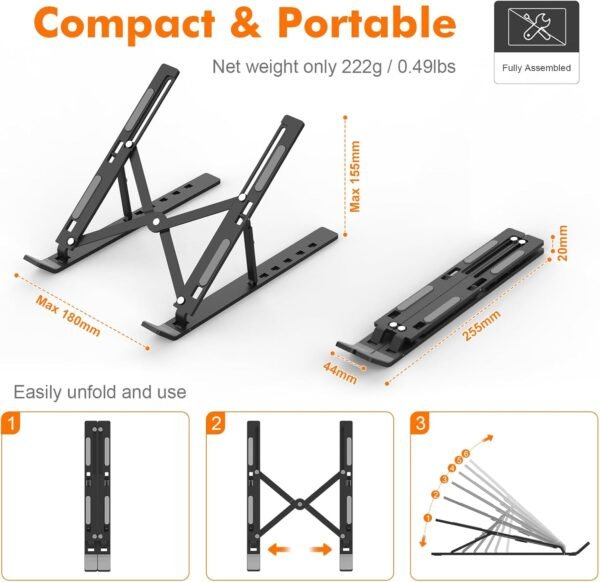GRIFEMA GB1054B Support Ordinateur Portable Réglable, Support PC Pliable en Aluminium 6 Niveaux de Hauteur, Compatible MacBook Air/Pro, Dell 10-17,3 Pouces, Léger et Stable - Noir – Image 3