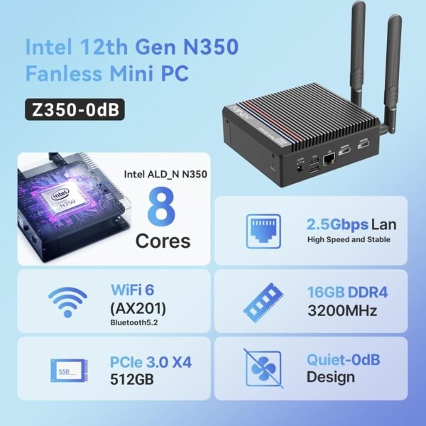 MINIX Fanless PC Windows 11 Pro, Intel i3-N350, Neo Z350-0dB 16GB DDR4 512GB M.2 PCIe Gen3 x 4 SSD Micro Desktop Computer, 4K Dual Display/2.5G LAN, for Business Home Office Multi-Tasking – Image 2