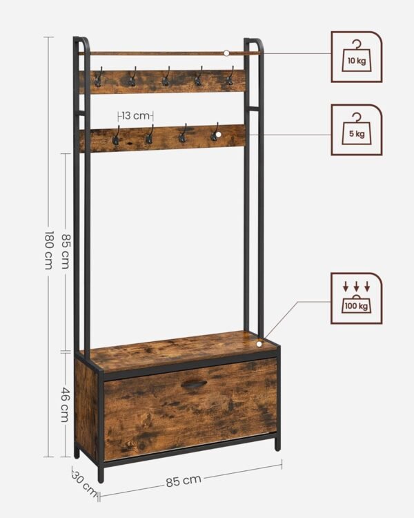 VASAGLE Meuble d’Entrée avec Banc, 9 Crochets et Étagère, Porte-Manteaux, Vestiaire, pour Couloir, Chambre, Style Industriel, Marron Rustique et Noir HSR405B01 – Image 6