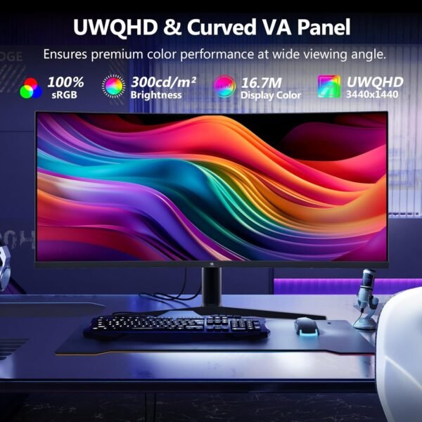 Z-Edge Écran PC Gamer Incurvé 34'', 3440x1440, 165Hz, 1ms, Hauteur & Inclination Réglable, Moniteur Ultrawide 21:9 avec DP Câble, FreeSync, 1500R VA, 2*HDMI2.0& 2*DP1.4, RGB, VESA 100 * 100mm – Image 4