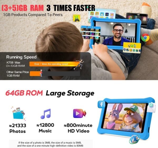 Tablette Enfants 7 Pouces Android 13 Tablette avec GMS Certified,8（3+5）GB RAM 64GB ROM (TF CARD 128GB),Applications Pré-Installé, WiFi Contrôle Parental Tablette Éducative avec Kid-Proof Étui (Bleu) – Image 2