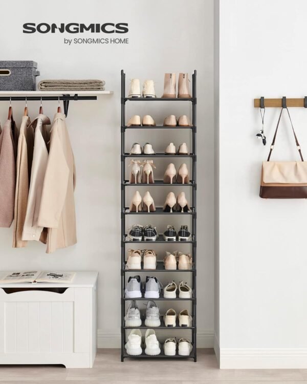SONGMICS Étagère à Chaussures, 10 Niveaux, Rangement de Chaussures, étroit, 28 x 45 x 173 cm, Structure en métal, étagères en Tissu Non tissé, pour Couloir, Chambre à Coucher, Noir LSH010B02 – Image 2