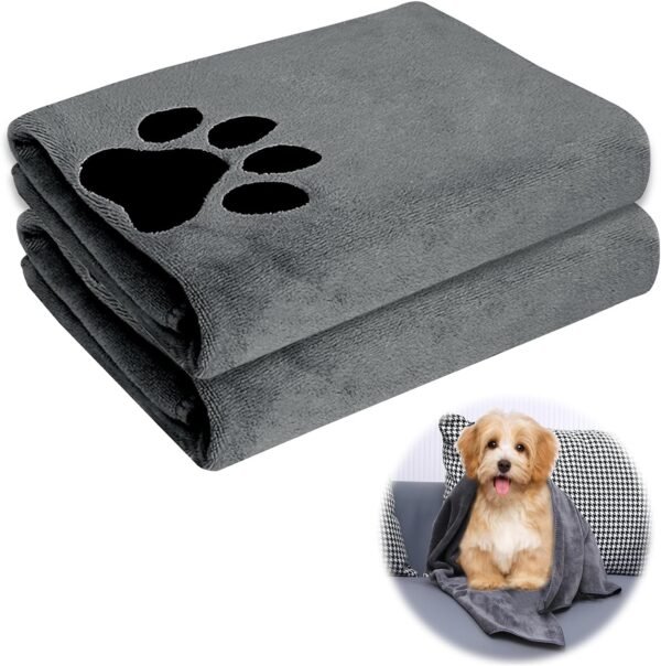 UOCAI Lot de 2 serviettes pour chien extra absorbantes - Accessoires pour chien - Foulard en microfibre - Séchage rapide - Pour chats, chiens ou autres animaux domestiques - 75 x 35 cm - Gris