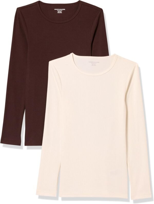 Amazon Essentials Haut à Encolure Ronde et Manches Longues, Coupe ajustée, en Maille côtelée (Existe en Grandes Tailles) Femme, Lot de 2
