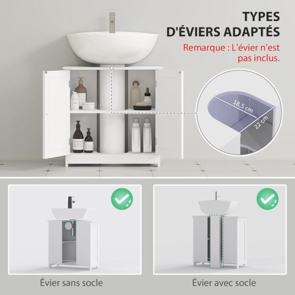 kleankin Meuble Salle de Bain sous lavabo - Meuble sous-Vasque - Placard 2 Portes avec étagère - dim. 60L x 30l x 60H cm - en Bois Blanc – Image 4