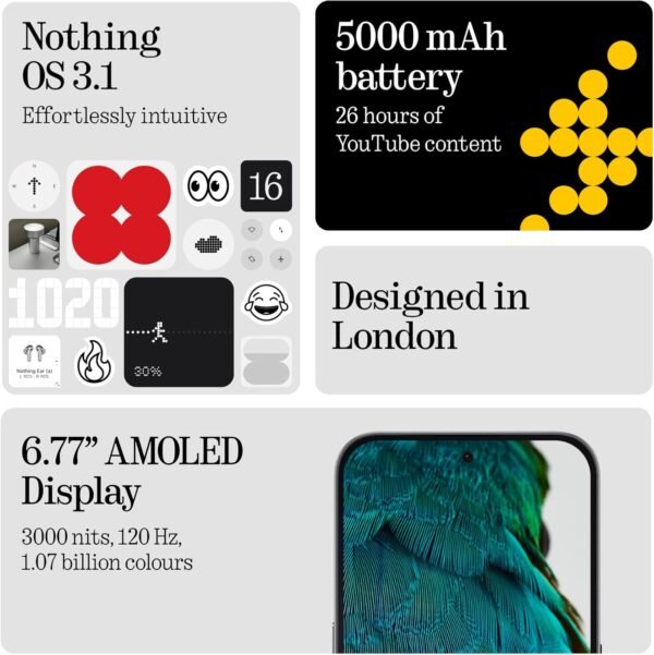 Nothing Phone (3a) 256 GB - Handy mit Essential Space, 50-MP-Hauptkamera, 32-MP-Frontkamera, 30-facher Ultra-Zoom, 12 GB RAM, Langer Akkulaufzeit und 6,77 Zoll Flexibles FHD+ AMOLED-Display - Schwarz – Image 7