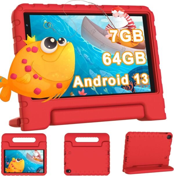 YESTEL Tablette Enfants avec WiFi 6, Android 13, 7Go RAM + 64Go ROM (1TB TF), Tablette Educative 8 Pouces HD Écran IPS 1280 * 800, Contrôle Parental, Étui Antichoc EVA, Rouge