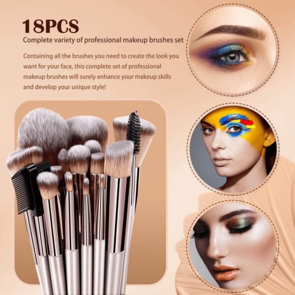 18PCS Pinceau maquillage,Set Pinceaux maquillages professionnel pour fond de teint, mélange de poudre, fard à joues,contour des yeux, pinceaux de maquillage avec champagne doré – Image 4