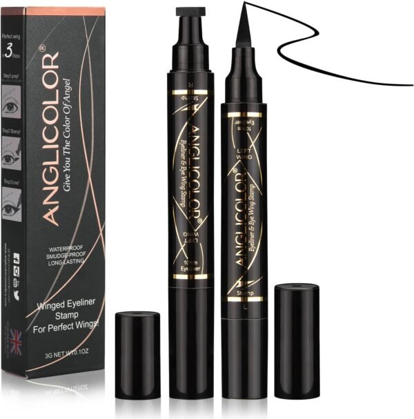 Anglicolor Eye liner Tampon 2en1 Imperméable, Eye liner Noir Waterproof Liquide Stamp, Eyeliner Tampon Longue Durée, de maquillage double tête pour maquillage 2 comptes (A)
