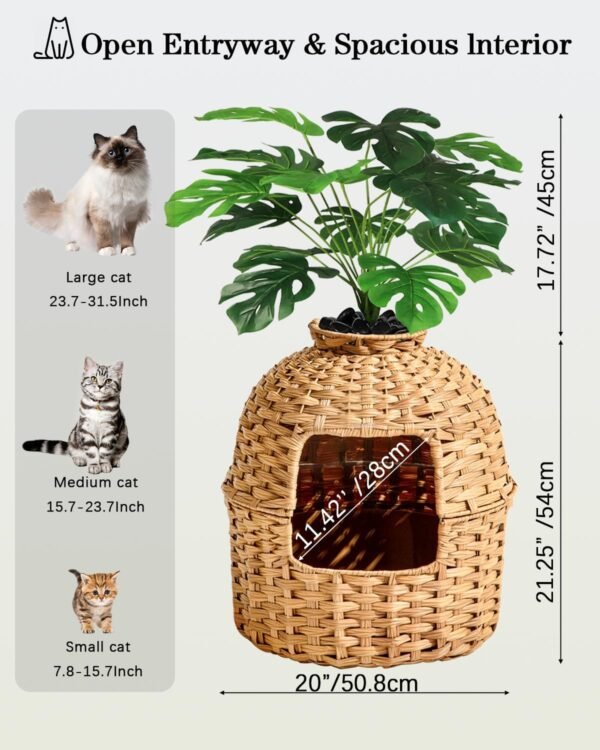 SETVSON Litière pour chat - En rotin tissé à la main - Avec bac à litière pour chat et plantes artificielles - Filtre de contrôle des odeurs - Véritables pierres - Pour salon, chambre à coucher, coin – Image 5