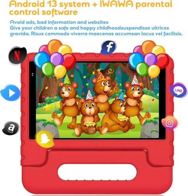 YESTEL Tablette Enfants avec WiFi 6, Android 13, 7Go RAM + 64Go ROM (1TB TF), Tablette Educative 8 Pouces HD Écran IPS 1280 * 800, Contrôle Parental, Étui Antichoc EVA, Rouge – Image 6