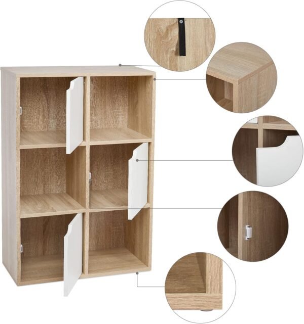 Mondeer Étagère de Rangement, Bibliothèque avec 6 Cubes Moderne en Bois Inclus 3 Portes et 3 Ouvertes, pour Salon ou Bureau, 60 D x 30 W x 90 H cm, Blanc et Chêne – Image 5