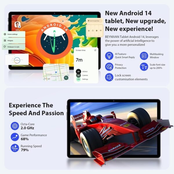 BEYNIVAN Tablette 11 Pouces Android 14 tablettes tactiles Con 4G LTE /5G WiFi, 36GB RAM+256GB ROM,9580mAh,Face ID,TÜV,GMS,GPS,BT5,Tablette avec Clavier détachable,Noir – Image 3