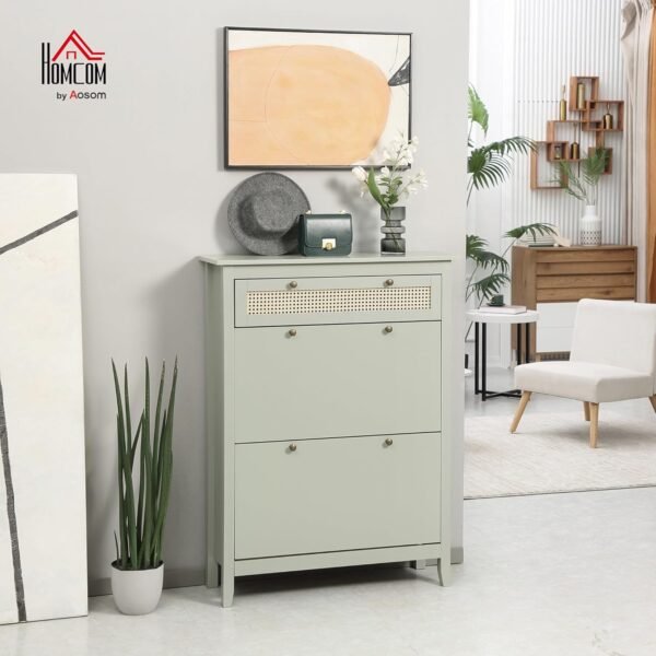 HOMCOM Meuble à Chaussures, 2 Portes battantes, 2 tiroirs réglables, bohème Chic en Bois Effet rotin – Image 2