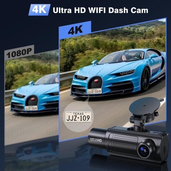 SHRINLUCK X5 4K WiFi Dashcam Voiture Avant Arrière Intérieur, Carte SD 64G, 2160P+1080P+1080P FHD 3 Canaux Dash Cam,Camera Voiture Triple 360° Tous Côtés,G-Capteur,WDR,Vision Nocturne,24H Mode Parking – Image 8