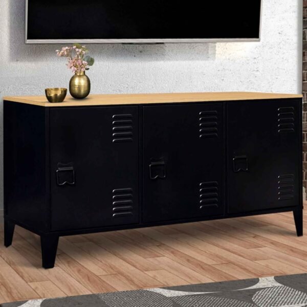 IDMarket - Buffet Bas 113 cm Ester 3 Portes métal Noir Plateau Bois Design Industriel – Image 2