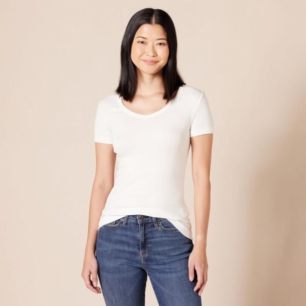 Amazon Essentials T-Shirt Col en v à Manches Courtes Coupe Ajustée Femme, Lot de 2 – Image 2