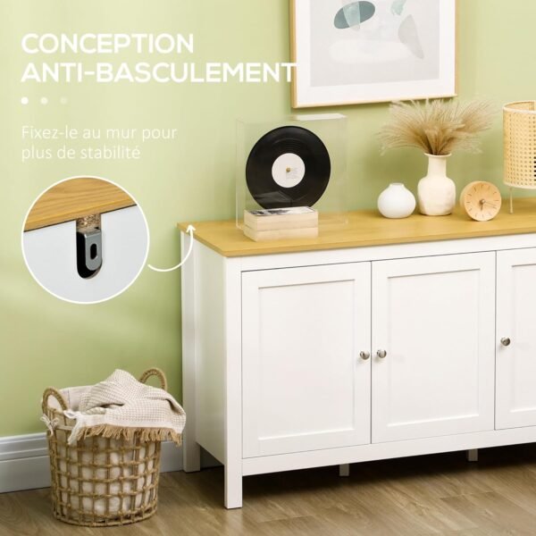 HOMCOM Buffet Meuble de Rangement avec 3 Portes 2 étagères réglables Plateau Aspect Bois Clair - 120 x 40 x 70 cm Blanc – Image 6