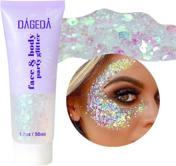 Prreal Body Glitter Gel 50ml, Paillettes de visage, Body Gel paillettes Shimmer liquide fard à paupières, Paillettes Chunky Holographique Laser poudre Festival Glitter(06 blanche)