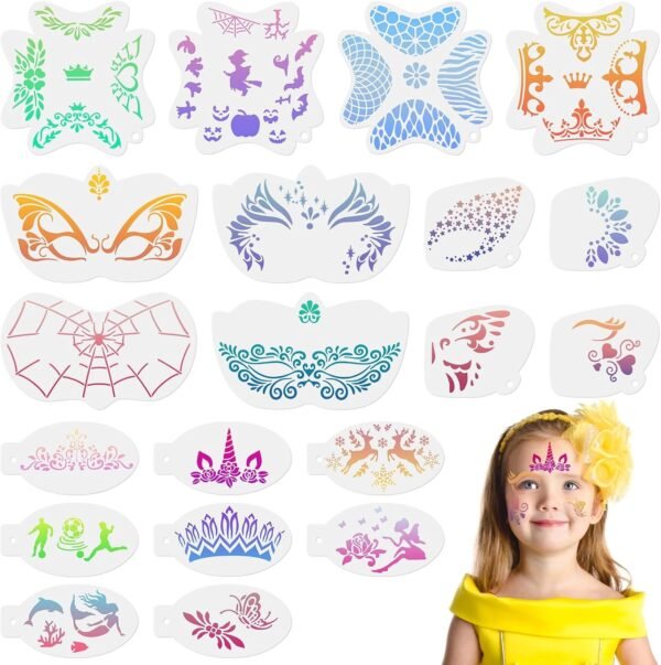 URAQT 20 Pièces Pochoir Maquillage Enfant, Pochoirs de Peinture Faciale Réutilisables Tatouage Enfant de Peinture pour Visage et Corps Halloween Fête de Vacances Cosplay