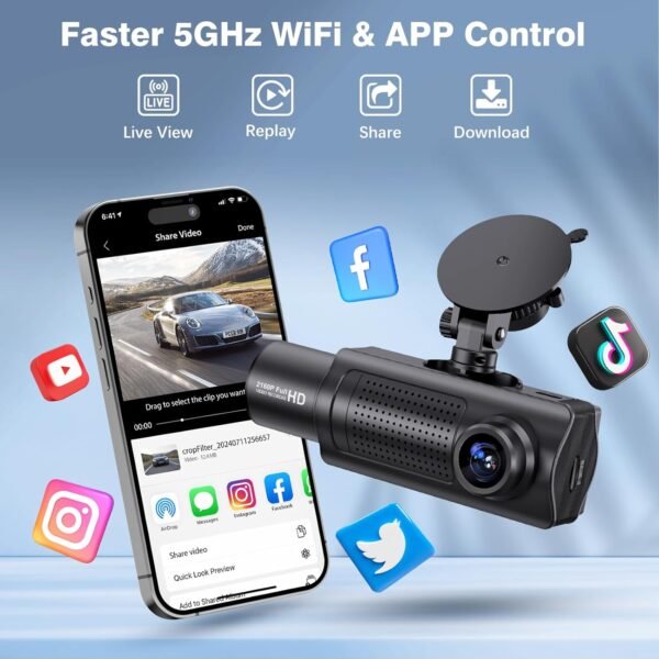 SHRINLUCK X5 4K WiFi Dashcam Voiture Avant Arrière Intérieur, Carte SD 64G, 2160P+1080P+1080P FHD 3 Canaux Dash Cam,Camera Voiture Triple 360° Tous Côtés,G-Capteur,WDR,Vision Nocturne,24H Mode Parking – Image 2