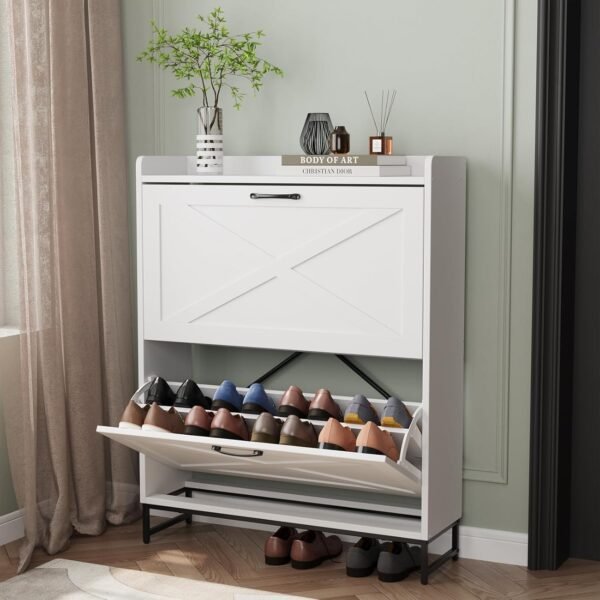 VOWNER Rangement Chaussure, Meuble à Rangement Chaussure Et Peu Encombrant avec Cloisons Réglables pour 12 À 16 Paires De Chaussures, Adapté À L’Entrée, Au Salon, À La Chambre, Blanc