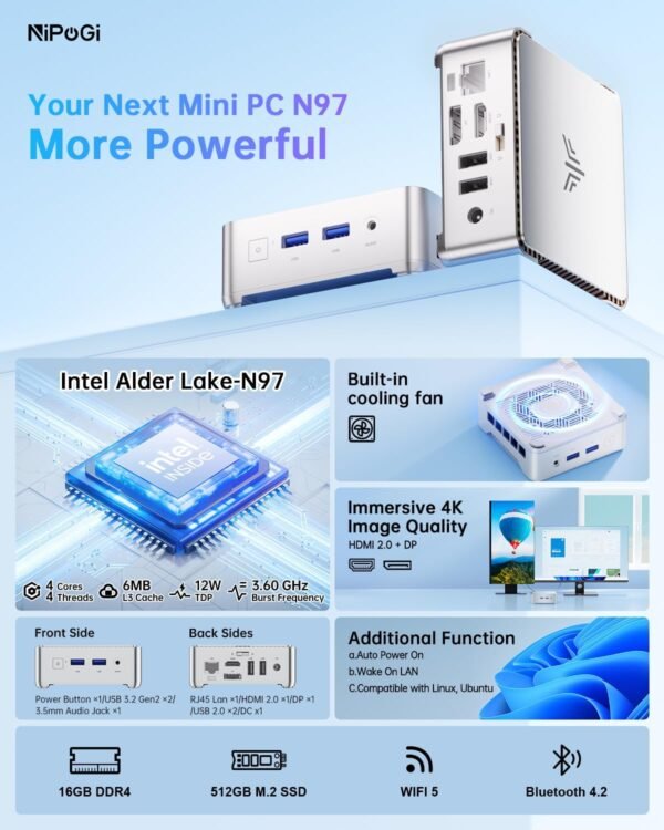 NiPoGi Essenx E2 Mini PC W-11 Pro, Ιntel Alder Lake-N97(jusqu'à 3,60 GHz), 16 Go DDR4 512 Go M.2 SSD Mini Ordinateur de Bureau, Double WiFi, HDMI, DP, Double écran 4K Tour PC pour l'école/Bureau. – Image 3