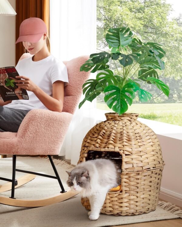 SETVSON Litière pour chat - En rotin tissé à la main - Avec bac à litière pour chat et plantes artificielles - Filtre de contrôle des odeurs - Véritables pierres - Pour salon, chambre à coucher, coin – Image 6