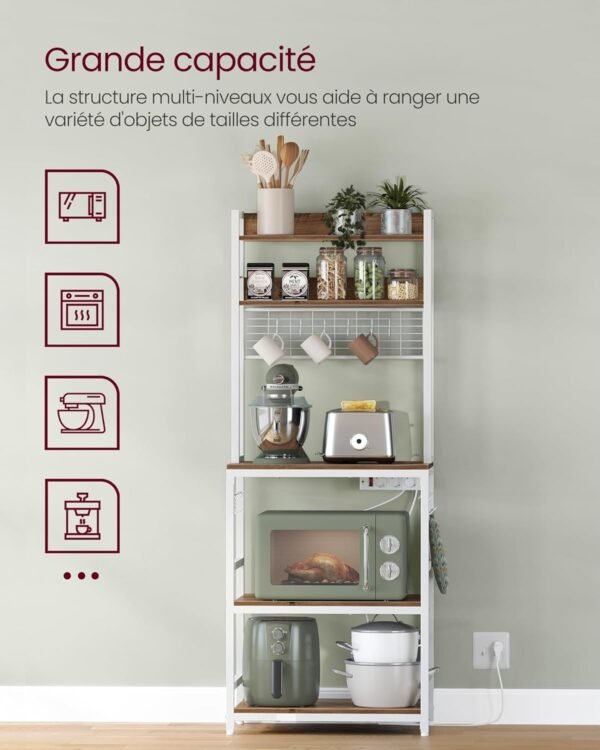 VASAGLE Étagère de Cuisine avec Multiprise, Support pour Micro-Ondes, Étagère de Rangement, avec Panneau Grillagé, 14 Crochets, 40 x 60 x 170 cm, Noisette Clair et Blanc KKS037W41EU – Image 7