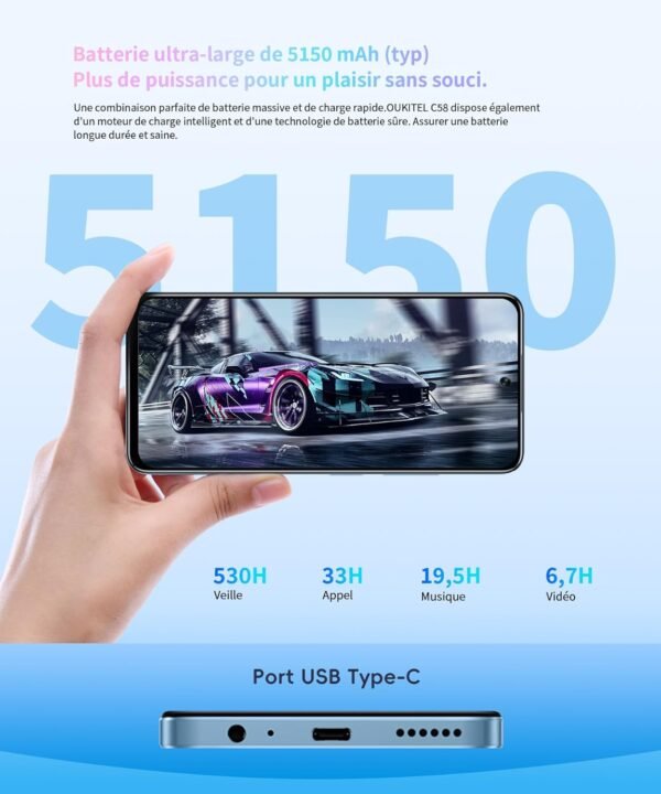 OUKITEL C58 Téléphone Portable Android 14, 16Go+128Go/TF 1To Smartphone Pas Cher, Écran 6.67" HD/90Hz, Batterie 5150mAh Smartphone débloqué 13MP+5MP, Double SIM 4G/NFC/Fingerprint/GPS, Bleu – Image 5