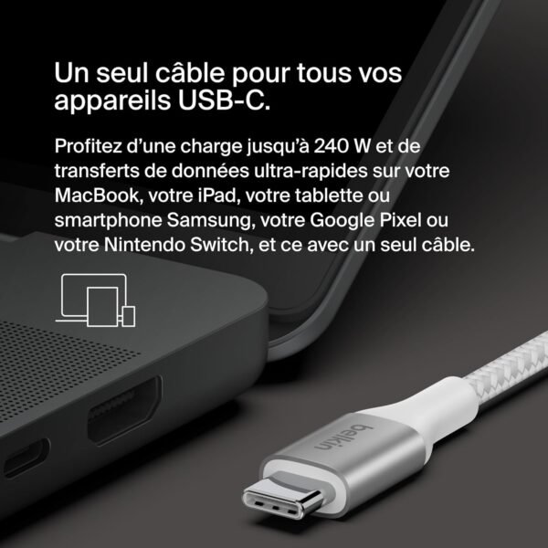 Belkin BoostCharge câble USB-C vers USB-C, charge rapide avec technologie Power Delivery 240 W, certification USB-IF, pour iPhone 16, 15, MacBook Pro, Chromebook, Samsung Galaxy, iPad, etc, 2 m, blanc – Image 6