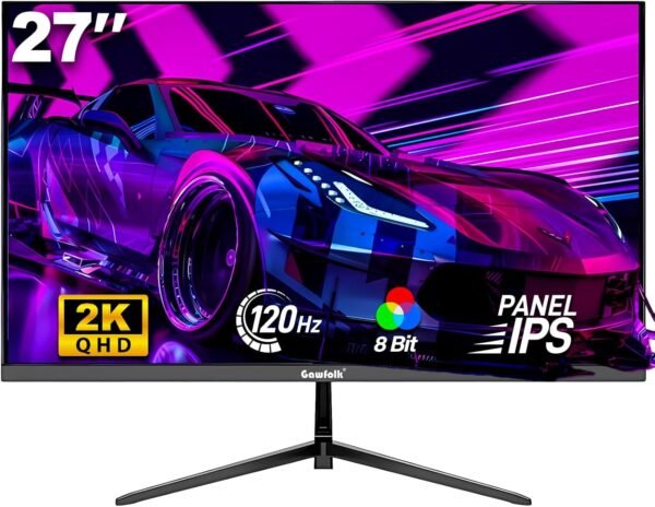 Gawfolk Moniteur de Jeu 27 Pouces QHD, écran PC IPS 2K 120Hz, 2560×1440P, FreeSync, HDMI, DisplayPort, VESA 75 * 75mm, Noir