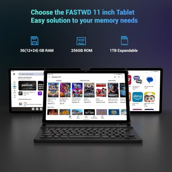 FASTWD Tablette 11 Pouces Android 14 Tablet,2025 Newest Tablette Con 4G LTE /5G WiFi,36GB RAM+256GB ROM,9580mAh,2000 * 1200 incell FHD,Widevine L3,GPS/BT5/Tablette avec étui,Gris – Image 4