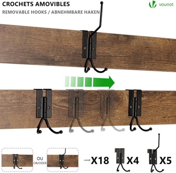 vounot® Porte Manteau pour Entrée 4 en 1 avec Banc et Étagère à Chaussures 3 Niveaux avec 9 Crochets Amovibles Meuble d’Entrée 185x85x33cm Cadre en Acier Robuste Système Anti-basculement – Image 4