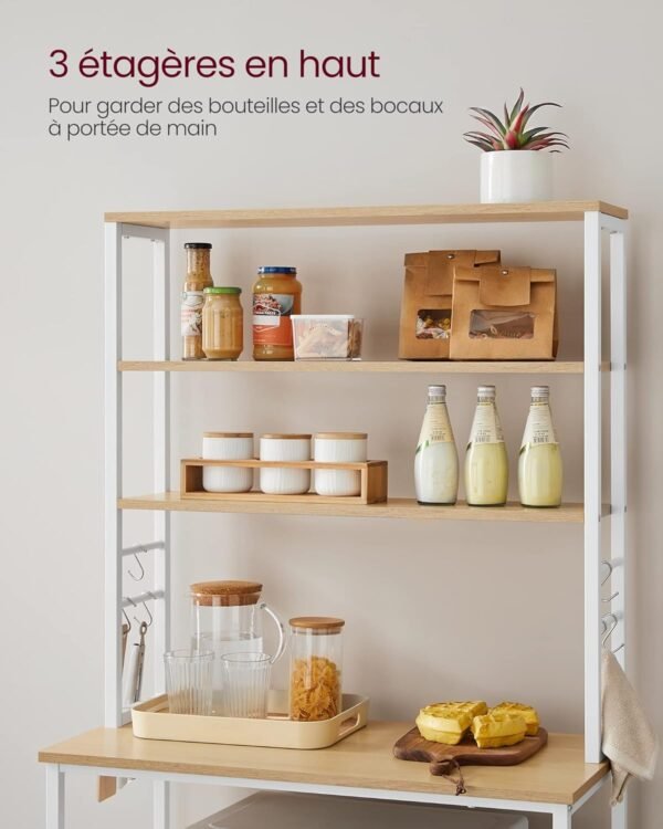 VASAGLE Étagère de Cuisine, Étagère pour Machine à Café, 6 Étagères et 6 Crochets, pour Four à Micro-Ondes, Cadre en Acier, Style Industriel, 40 x 80 x 167 cm, Couleur Chêne et Blanc KKS019W09 – Image 5