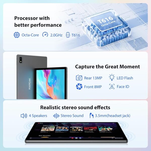 PIXPEAK 2K Tablette 13,3 Pouces, Android 14.0, INCELL 2000 * 1200, 11580mAh/20w, 36GB RAM, 256GB ROM (SD Extensible), 5G WiFi Octa-Core, 13MP+8MP, Tablette avec Clavier ect, Grau (Gris) – Image 6
