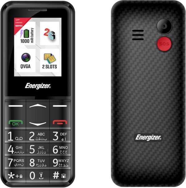 Energizer - Mobile E4 - Téléphone Senior Débloqué 2G - Bouton SOS - Batterie 1000 mAh - Clavier à Touches AR - Double Sim - Torche - Chargeur UK