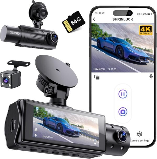 SHRINLUCK X5 4K WiFi Dashcam Voiture Avant Arrière Intérieur, Carte SD 64G, 2160P+1080P+1080P FHD 3 Canaux Dash Cam,Camera Voiture Triple 360° Tous Côtés,G-Capteur,WDR,Vision Nocturne,24H Mode Parking