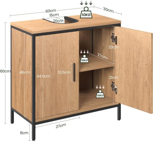 EUGAD Meuble sous Lavabo 60x30x60 cm, avec Cloison Réglable en Hauteur, Armoire sous Vasque, en Bois Artificiel Chêne Clair et en Métal Noir – Image 3
