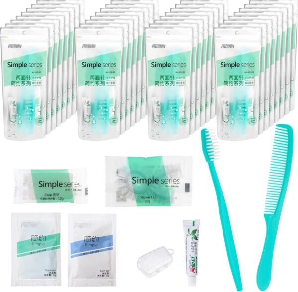 Kit d'hygiène en vrac, emballé individuellement, kit d'hygiène de voyage avec brosse à dents, dentifrice, peigne, shampooing, gel douche, bonnet de douche et savon, convient pour hôtel, maison