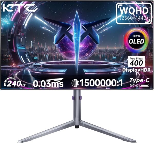 KTC OLED Écran PC Gamer 27 Pouces WQHD 1440P - 65W USB C (Supporte la Sortie vidéo), 240Hz / 0.03ms, 100% DCI-P3, DisplayHDR True Black 400, Adaptive Sync, Haut-parleurs Doubles intégrés - Blanc
