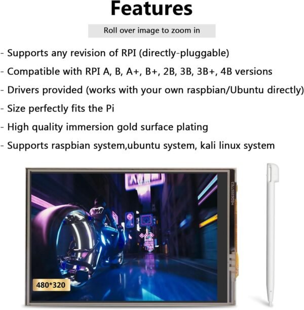 APKLVSR Écran tactile TFT LCD 3,5" 480 x 320 avec stylet pour RPi 5 4B, 3B+, 3B, 2B+, B – Image 4