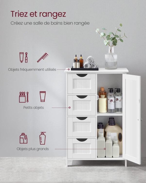 VASAGLE Meuble Salle de Bain Rangement, Armoire Gain de Place, Commode, avec 4 Tiroirs, Placard avec Porte, Étagère Réglable, 30 x 55 x 82 cm, Blanc Nuage LHC41W – Image 5