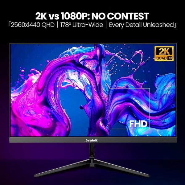 Gawfolk Moniteur de Jeu 27 Pouces QHD, écran PC IPS 2K 120Hz, 2560×1440P, FreeSync, HDMI, DisplayPort, VESA 75 * 75mm, Noir – Image 3