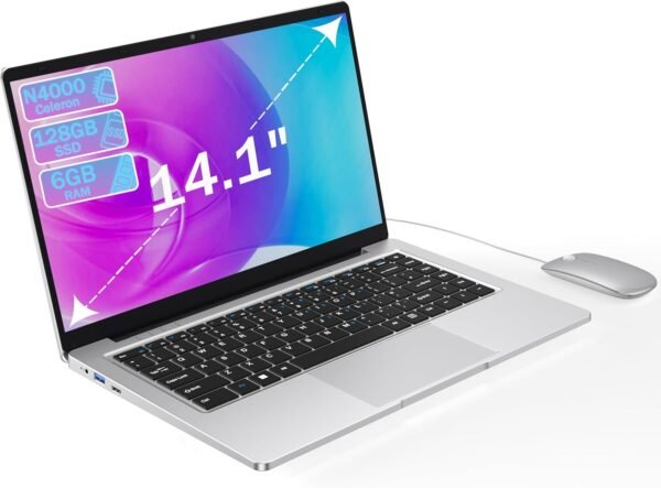 Ordinateur Portable 14,1" Pouces laptop, 6 Go de RAM, 128 Go de SSD, N4000 Celeron Dual-Core, Wi-Fi Bluetooth 2,4/5,0G, 1366 * 768 IPS, Design sans Ventilateur, Inclus une Souris, Clavier à Membrane.
