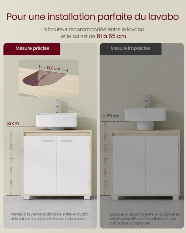 VASAGLE Meuble sous Lavabo, Meuble de Salle de Bain, 2 Compartiments derrière Les Portes, pour Divers Types de Lavabos, avec Pieds, 30 x 60 x 60 cm, Beige Naturel et Blanc Nuage BBK506L01 – Image 7